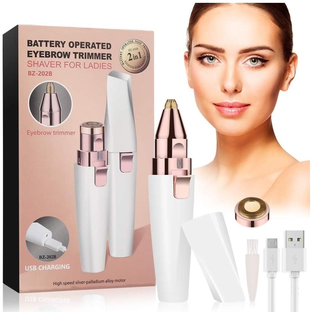 2-i-1 Elektrisk Ansigts Hårfjerner til Kvinder – Øjenbrynstrimmer & Ansigts Hårfjerningsapparat – USB Genopladelig, Vandtæt, Bærbar, Smertefri, med LED-lys – Til Ansigt, Næse og Læber (Hvid)