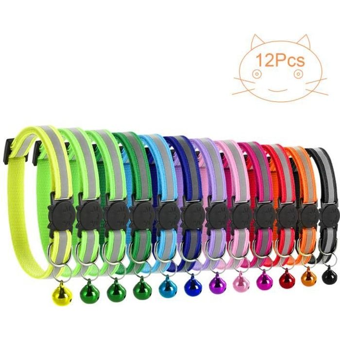 12 colliers en nylon pour chiens et chats avec clochette, bande réfléchissante et tête de dégagement.