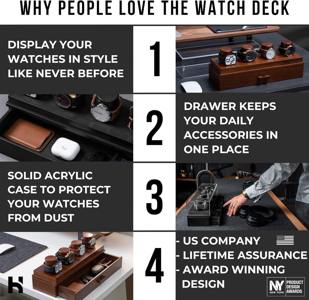 Elevate your watch collection with this premium display case for 4 watches. A unique birthday gift for men. Wooden box and case for men's watches.