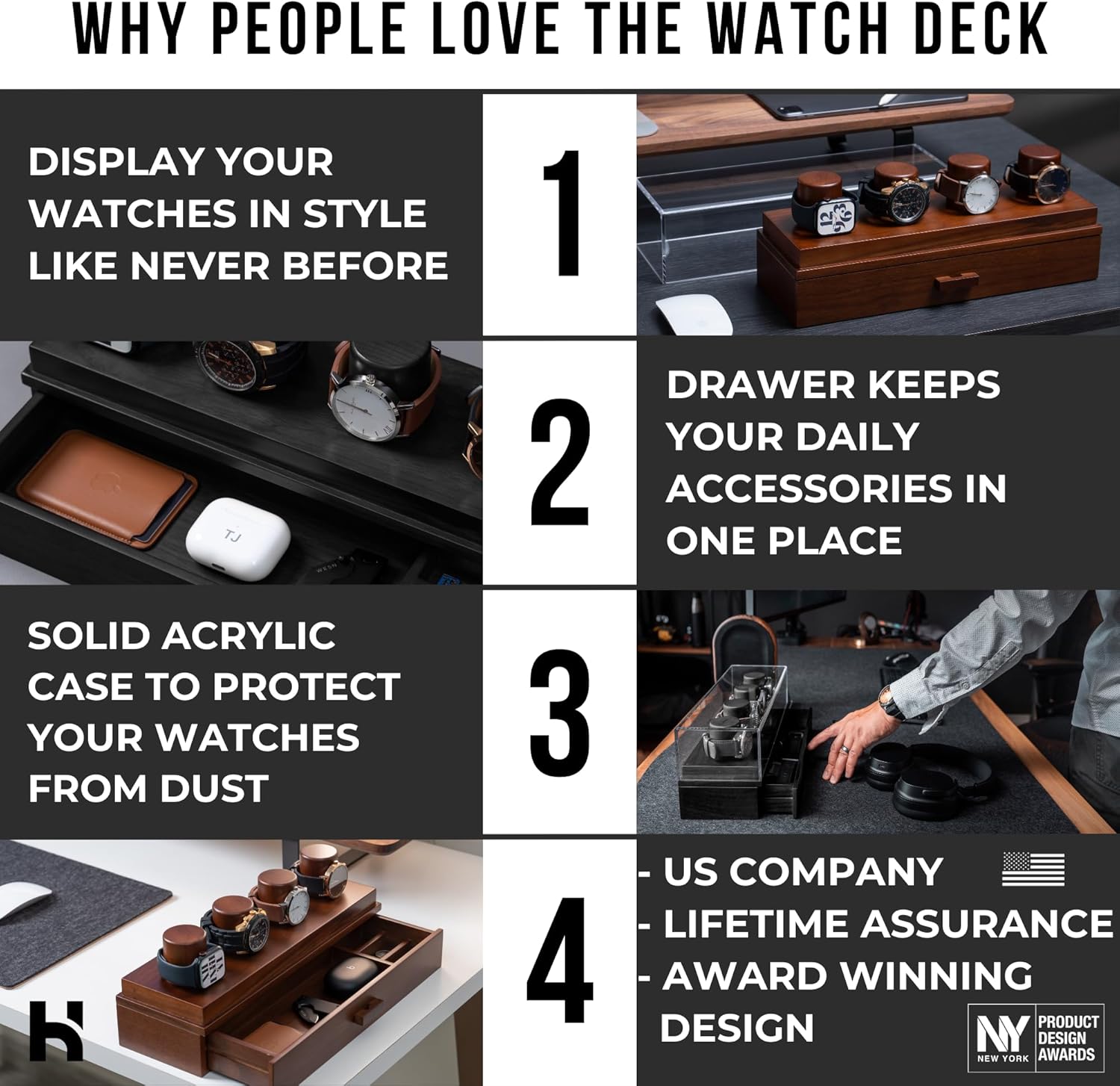 Elevate your watch collection with this premium display case for 4 watches. A unique birthday gift for men. Wooden box and case for men's watches.