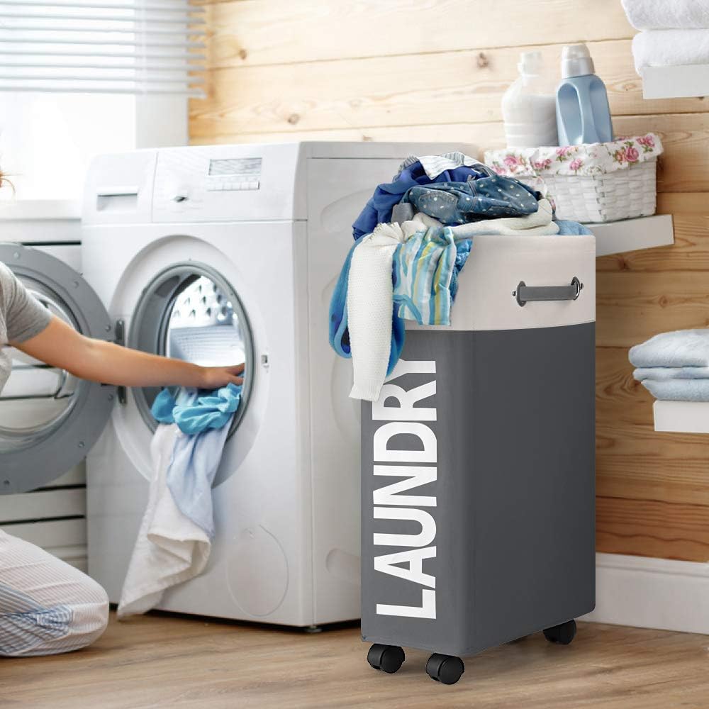 Cesta de lavandería de 43L con ruedas – Cesto de lavandería ultra delgado y multifuncional y bolsa de lavado