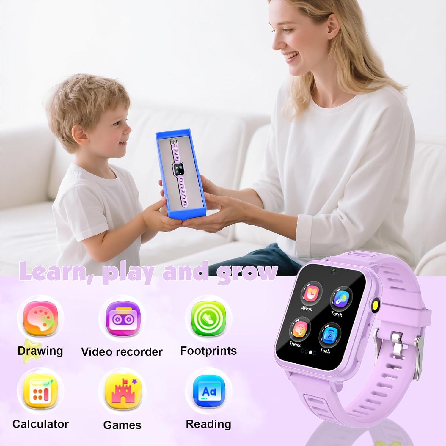 Montre Intelligente pour Enfants avec 39 Jeux Éducatifs, Caméra HD, Suivi des Habitudes, Musique, Alarme, Calculatrice, Calendrier, Lampe de Poche – Pour les 3-12 Ans (Sans Fonction d'Appel)