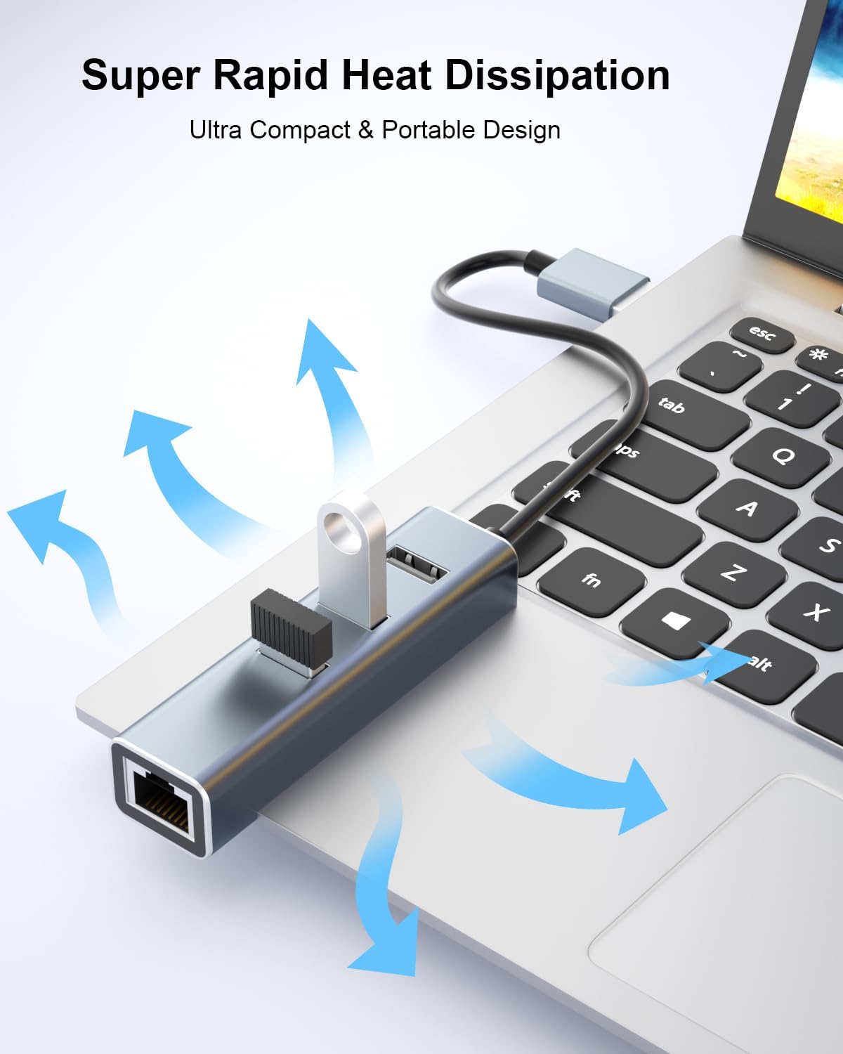 USB Hub / 4-in-1 Multiport USB Adapter ¨C Aluminum Hub with 1 RJ45 LAN Port and 3 USB 2.0 Data Ports (Gray - USB-A)