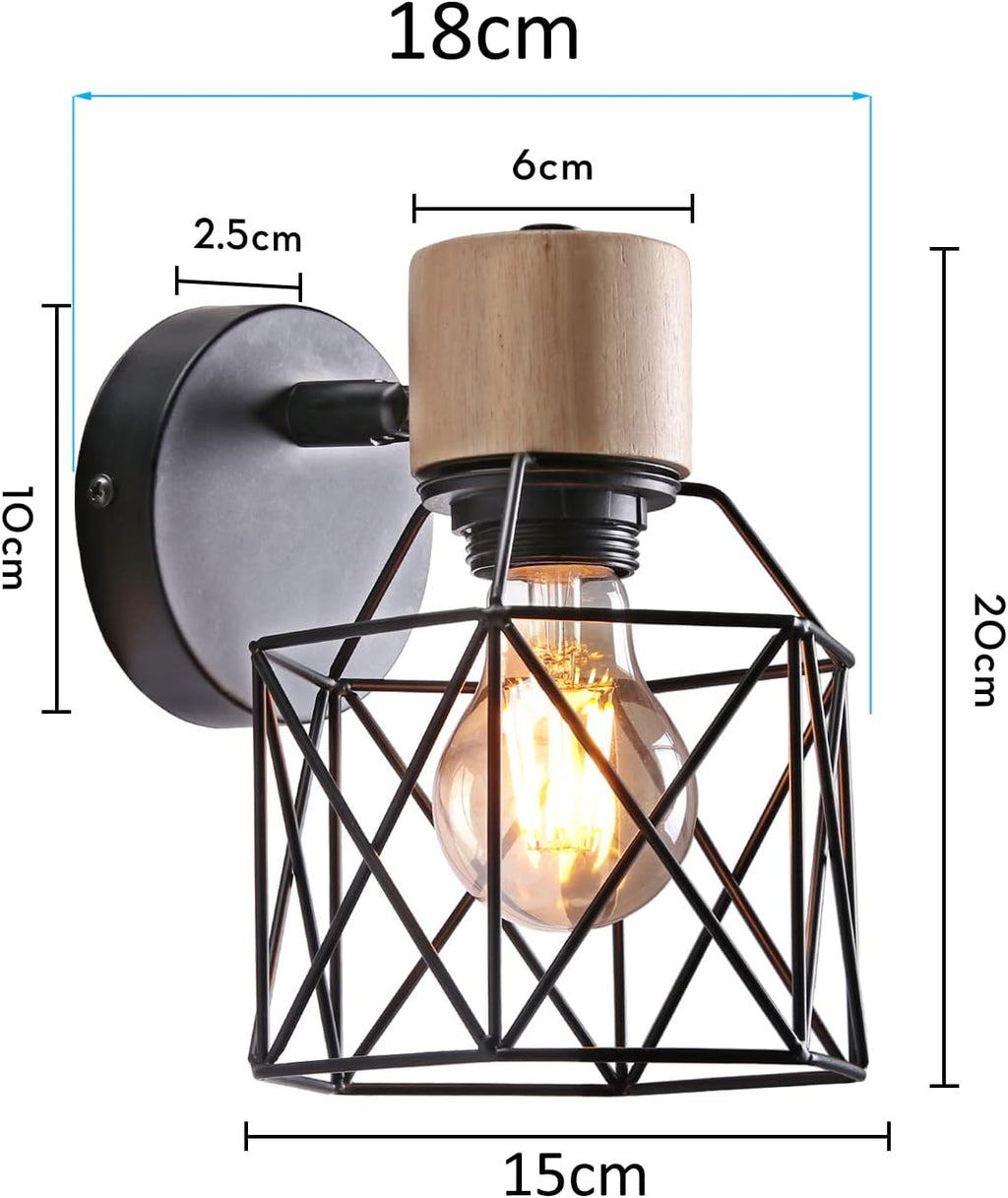 2PC Lámparas de Pared Vintage ¨C Aplique Interior de 15cm ¨C Diseño Industrial de Madera y Metal ¨C Estilo Jaula ¨C Luz Retro Ajustable