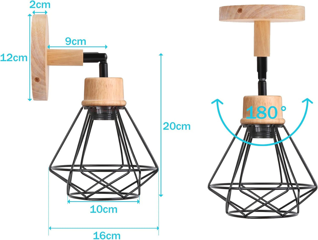 2PC Lámparas de Pared Vintage ¨C Aplique Interior de 15cm ¨C Diseño Industrial de Madera y Metal ¨C Estilo Jaula ¨C Luz Retro Ajustable