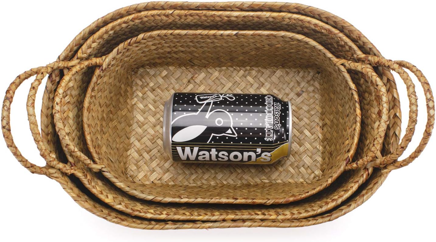 Woven Seagrass Storage Baskets ¨C Natural Oval Baskets with Handles, Stackable Organizer Set of 3