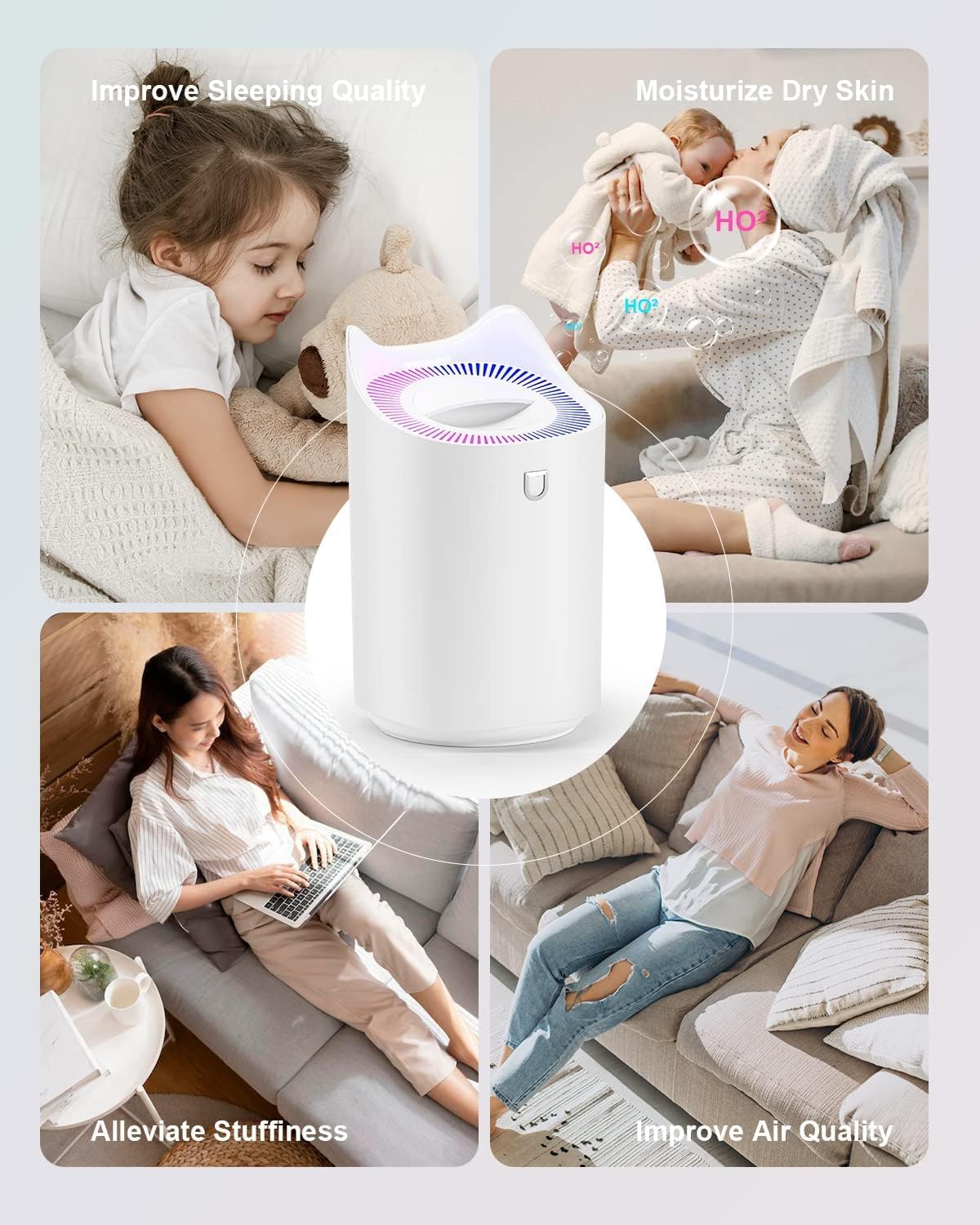 3L bedroom humidifier (up to 20 hours runtime), with color-changing night light for home and office, 3 mist modes, 2 nozzles