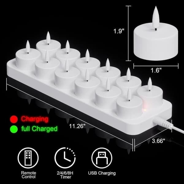 Pakke med 12 genopladelige LED-lys med fjernbetjening og timer – flammeløse, flimrende stearinlys til Halloween, jul og fester – hvid