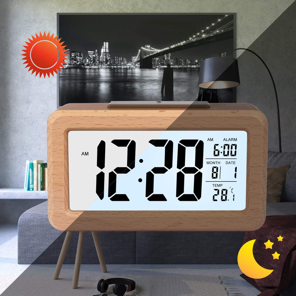 Wooden digital alarm clock, easy to set, with temperature display, backlight, and snooze function