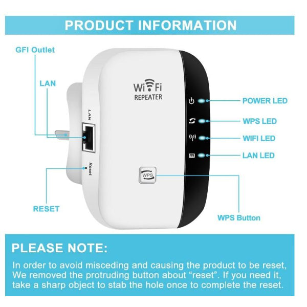 Wi-Fi Amplifier Repeater / Extends Range 300 Mbps Wifi White