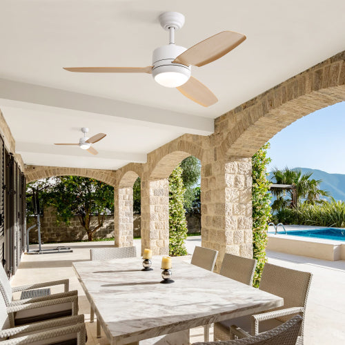 Ventilateur de plafond 117 cm blanc et bois clair avec lumière LED – Pales ABS, moteur DC silencieux, éclairage 3 couleurs dimmable, télécommande.