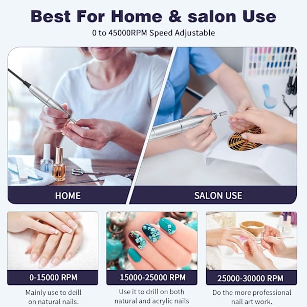 Lime à ongles électrique portable rechargeable, 45 000 tr/min, rapide et efficace, violette