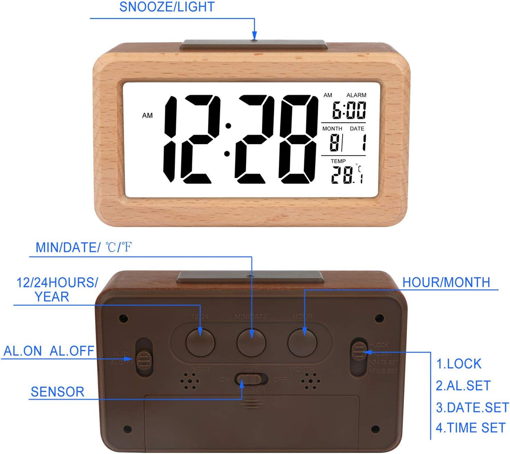 Wooden digital alarm clock, easy to set, with temperature display, backlight, and snooze function