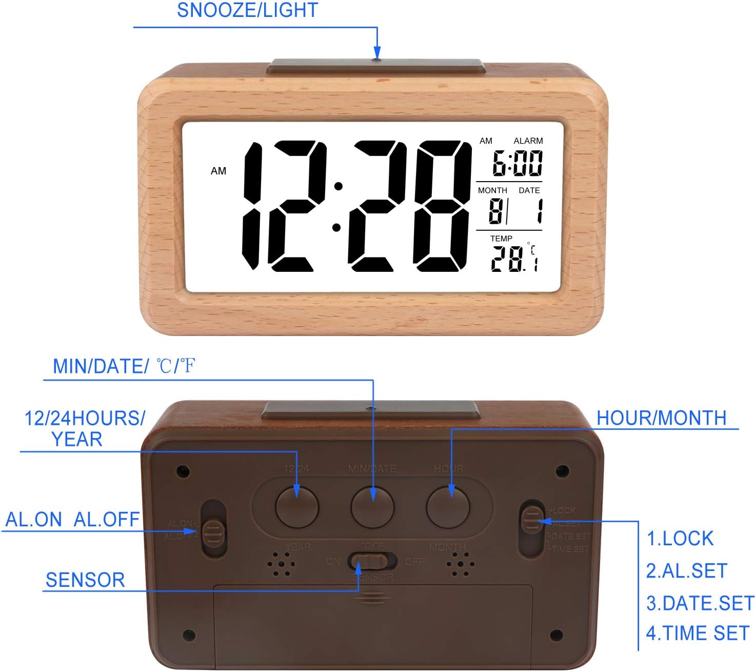 Wooden digital alarm clock, easy to set, with temperature display, backlight, and snooze function