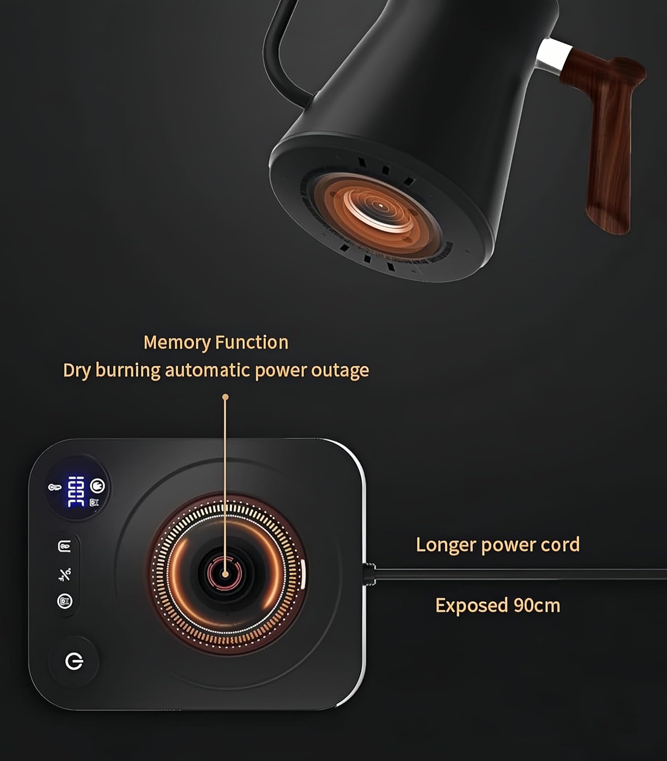 Bouilloire électrique numérique intelligente avec contrôle de température variable, intérieur en acier inoxydable, bouilloire électrique à col de cygne à chauffage rapide de 1200 W, finition élégante