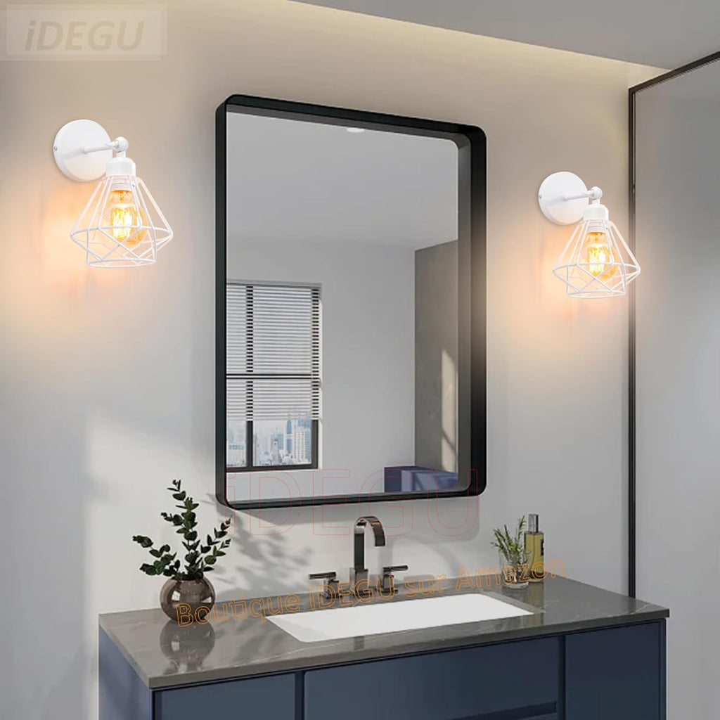 2PC Lámparas de Pared Vintage ¨C Aplique Interior de 15cm ¨C Diseño Industrial de Madera y Metal ¨C Estilo Jaula ¨C Luz Retro Ajustable