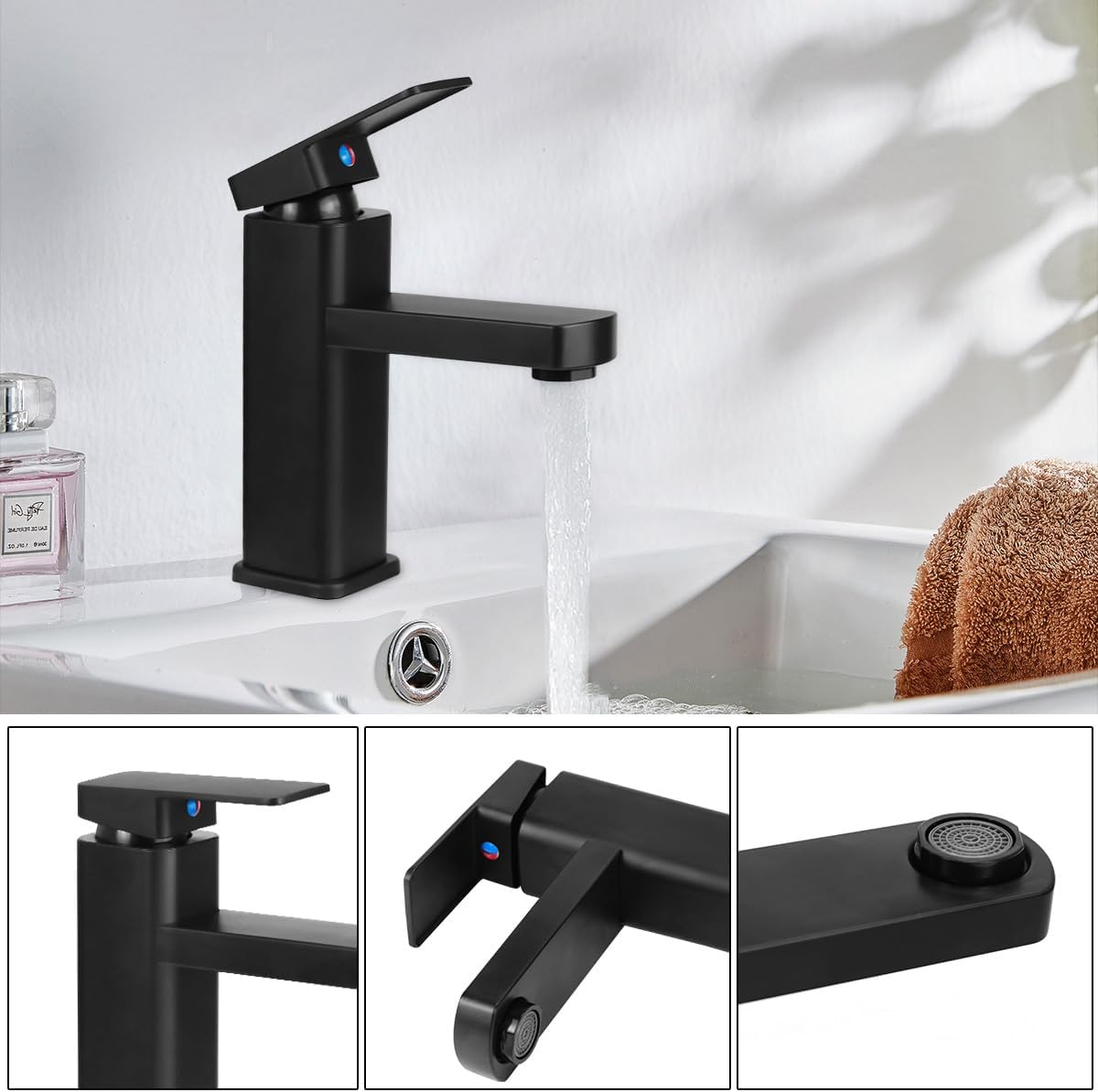 Single-Handle Faucets for Bathroom Sinks, Tall Black Waterfall Bathtub Faucet, Hot and Cold Water with Two Hoses
