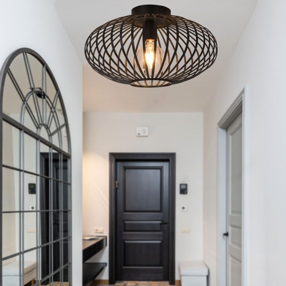 Vintage Industrial Metal Ceiling Light ¨C E27 Cage Lamp for Bedroom, Living Room, Caf¨¦, Entryway, Hallway ¨C 38cm, Black