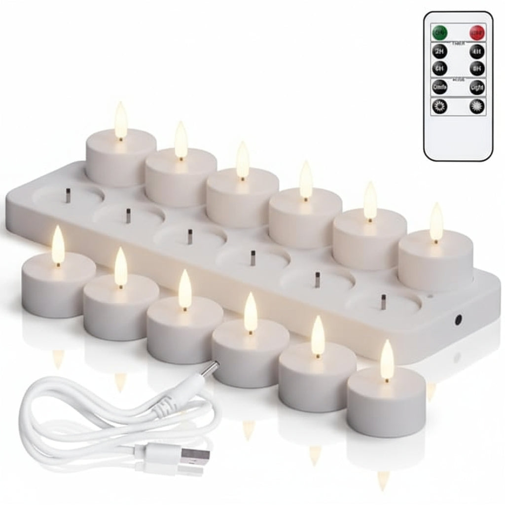 Pakke med 12 genopladelige LED-lys med fjernbetjening og timer – flammeløse, flimrende stearinlys til Halloween, jul og fester – hvid