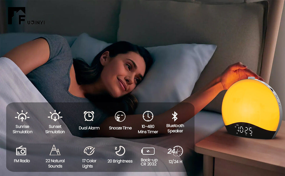 Sunrise Alarm Clock for Kids, Heavy Sleepers, and Bedrooms — White Noise Sound Machine with 5W Stereo Bluetooth Speaker, 25 Natural Sounds, Dual Alarms, and Lights