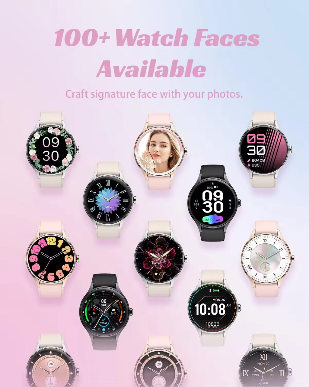 Dame-smartwatch, kompatibelt med Android- og iOS-telefoner, med mulighed for at besvare og foretage opkald, fitnesstracker, puls- og søvnmonitor, understøttelse af 100 sportsaktiviteter og IP68 vandtæthed.