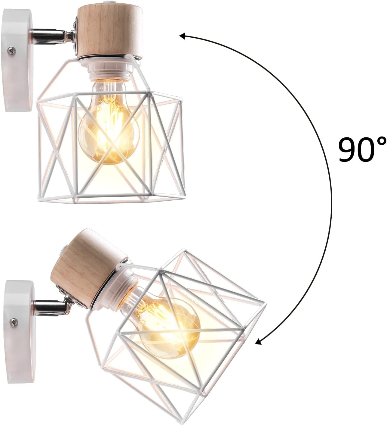 2PC Lámparas de Pared Vintage ¨C Aplique Interior de 15cm ¨C Diseño Industrial de Madera y Metal ¨C Estilo Jaula ¨C Luz Retro Ajustable