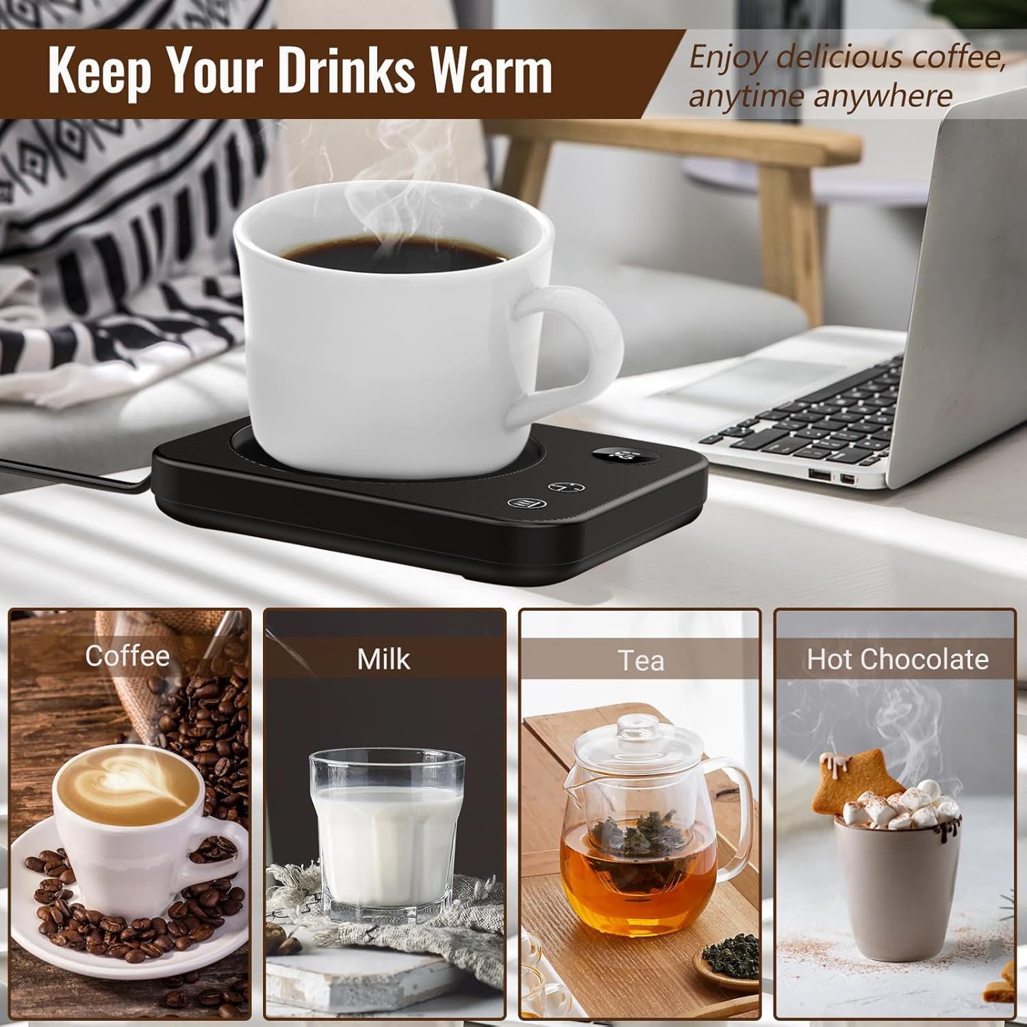 Cup Warmer, Coffee Cup Warmer with 4 Temperature Settings, Coffee Warmer with Auto Shut-Off, Waterproof Anti-Scald Desktop Cup Warmer, Coffee Cup Warmer with Status Display