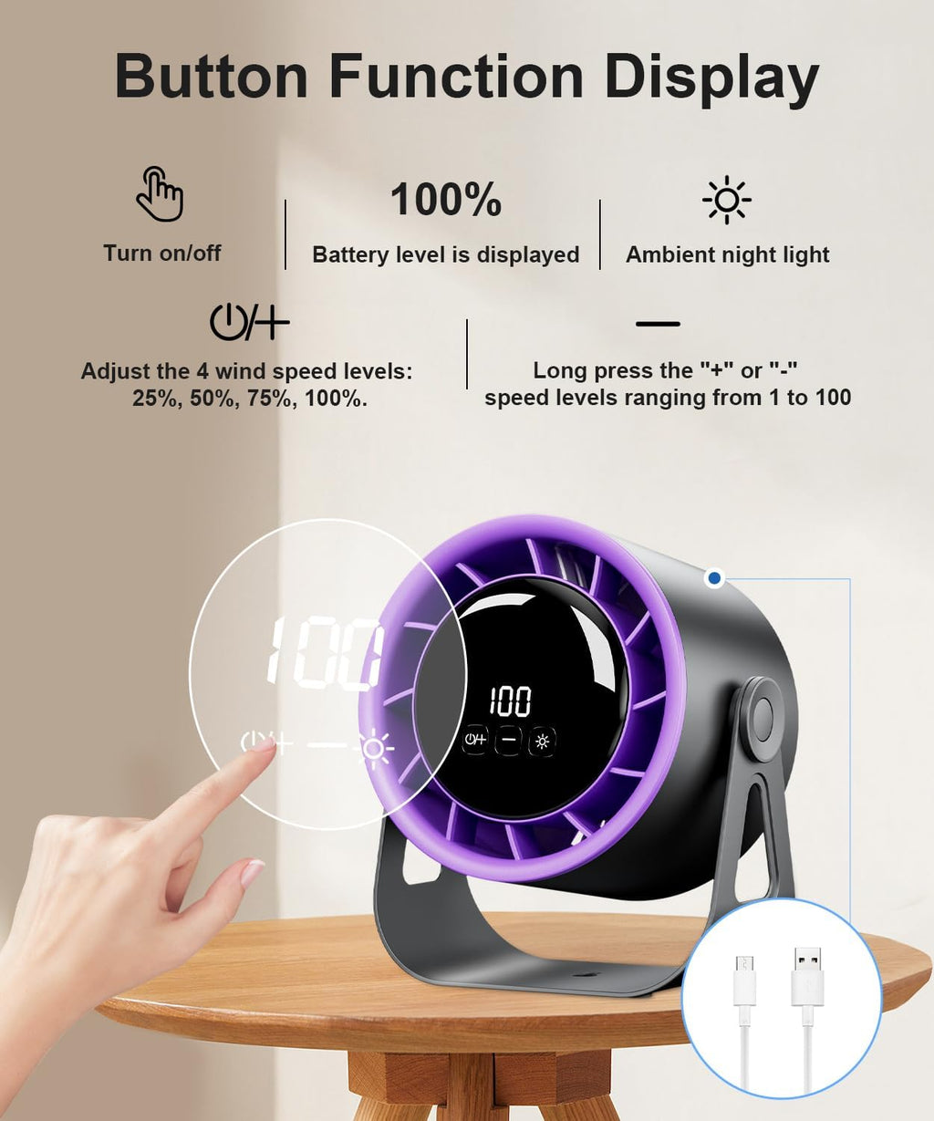 Ventilador de mesa inalámbrico, potente, recargable por USB, 4 velocidades, rotación de 360 grados, pequeño ventilador portátil