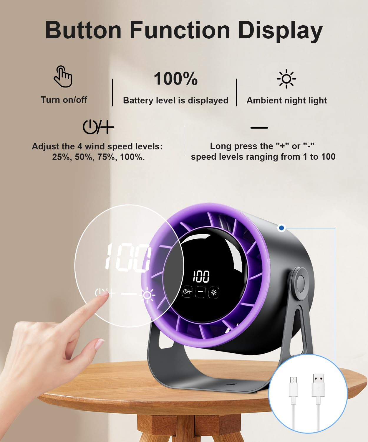 Ventilador de mesa inalámbrico, potente, recargable por USB, 4 velocidades, rotación de 360 grados, pequeño ventilador portátil