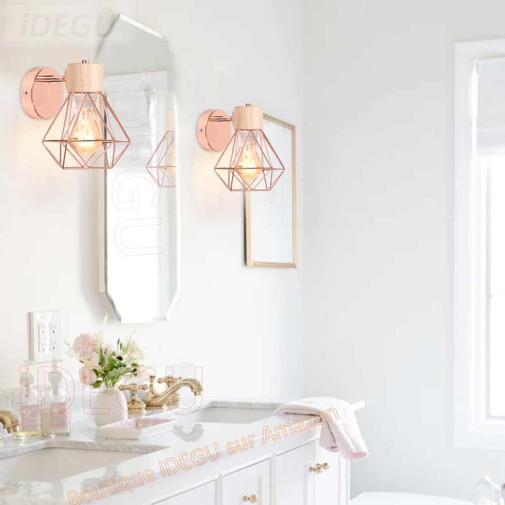 2PC Lámparas de Pared Vintage ¨C Aplique Interior de 15cm ¨C Diseño Industrial de Madera y Metal ¨C Estilo Jaula ¨C Luz Retro Ajustable
