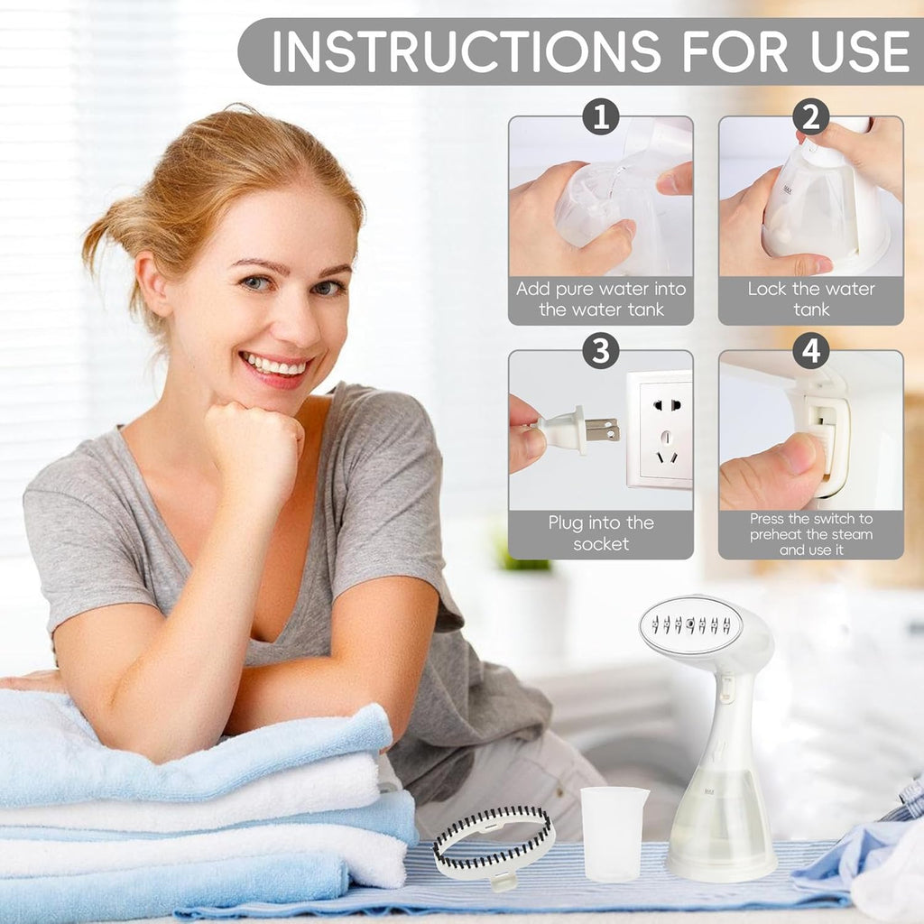 1500W Portable Garment Steamer, Heats Up Fast in 15s, 300ml Removable Tank, Compact and Portable for Travel, Home and Office.