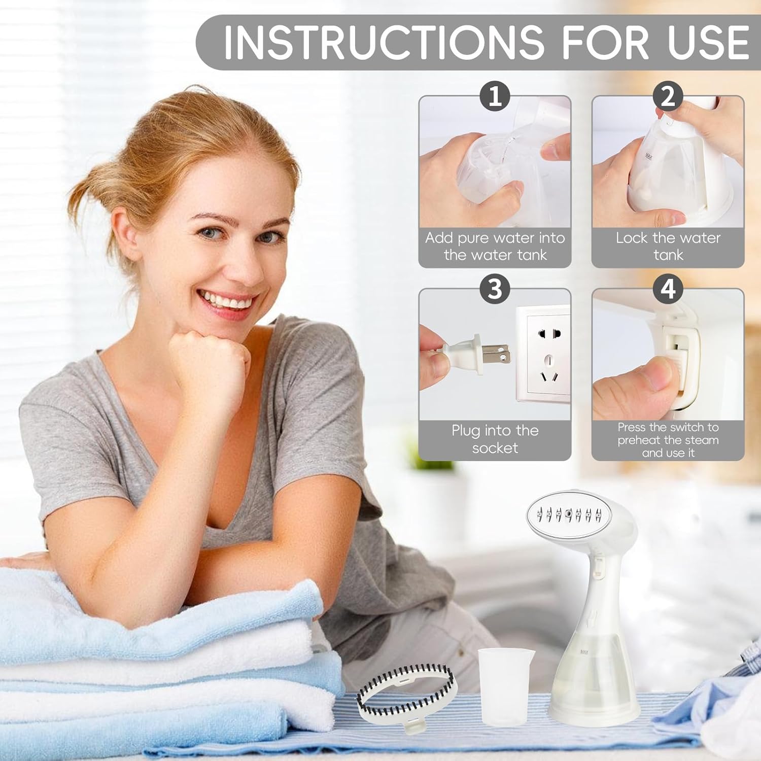 1500W Portable Garment Steamer, Heats Up Fast in 15s, 300ml Removable Tank, Compact and Portable for Travel, Home and Office.