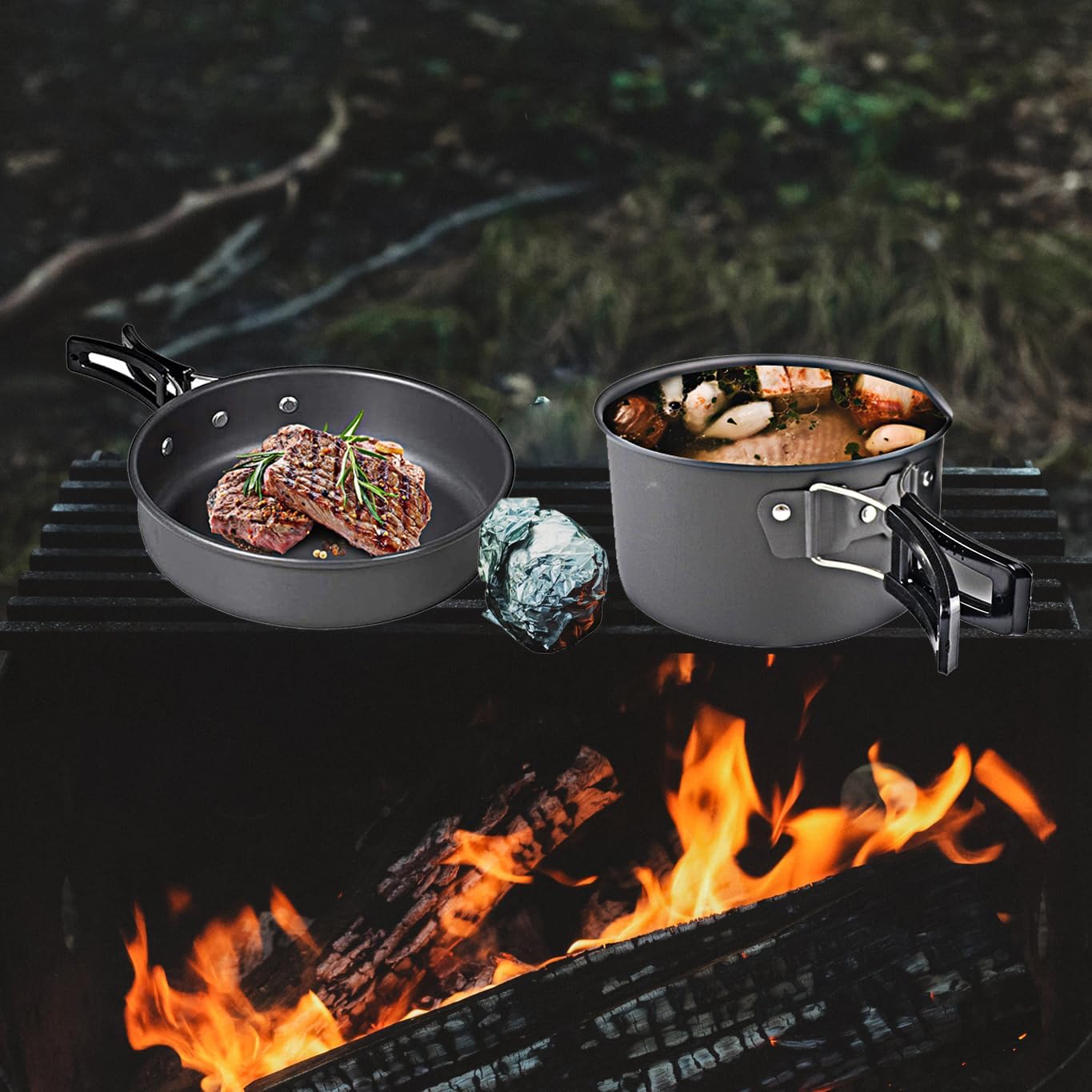 Grydesæt i aluminium til udendørs camping – sammenfoldelig tekedel og pandesæt, letvægtsgryder og pander med netpose til backpacking, vandreture og picnics