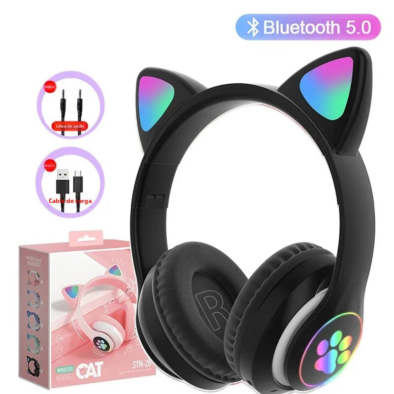Casque Bluetooth 5.0 à oreilles de chat avec lumière flash, prise en charge de la carte TF et micro intégré, cadeau d'anniversaire pour enfants filles