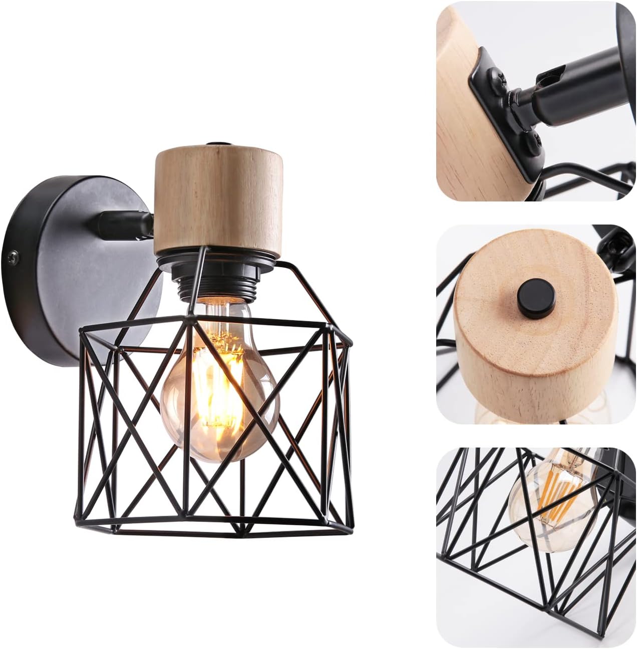 2PC Lámparas de Pared Vintage ¨C Aplique Interior de 15cm ¨C Diseño Industrial de Madera y Metal ¨C Estilo Jaula ¨C Luz Retro Ajustable