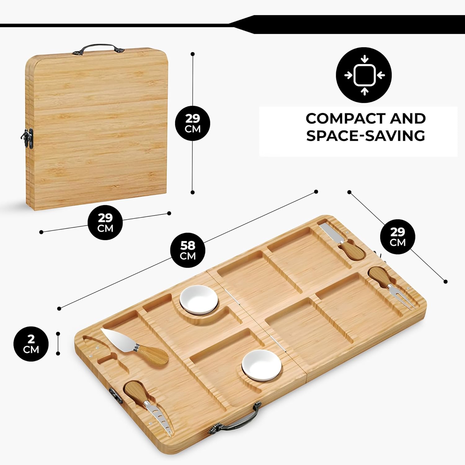 Tabla de aperitivos con discos de queso y cuencos - Tabla de servir - Bambú - Madera (58x29x2 cm)