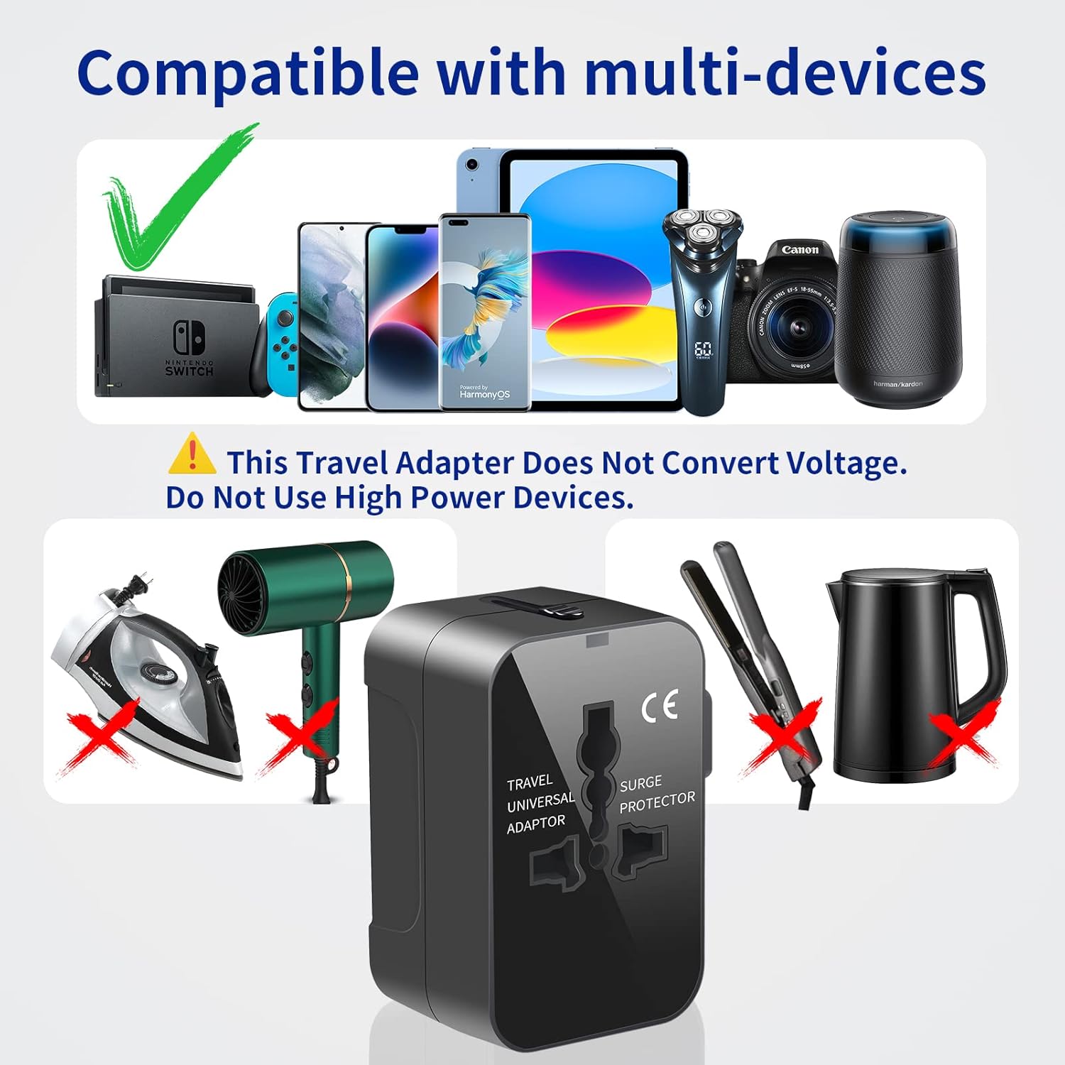 Rejseadapter, Alt-i-Én Universaladapter til Verdensomspændende Brug, AC-vægstik, Vægoplader med To USB-porte (1 USB-C) til USA, EU, Storbritannien, Australien – Kompatibel med Mobiltelefoner og Laptops.
