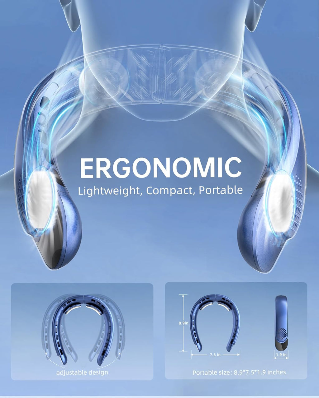 Rechargeable Neck Fan, Personal Fan with LED Display, 3 Speeds with 4000 mAh Battery