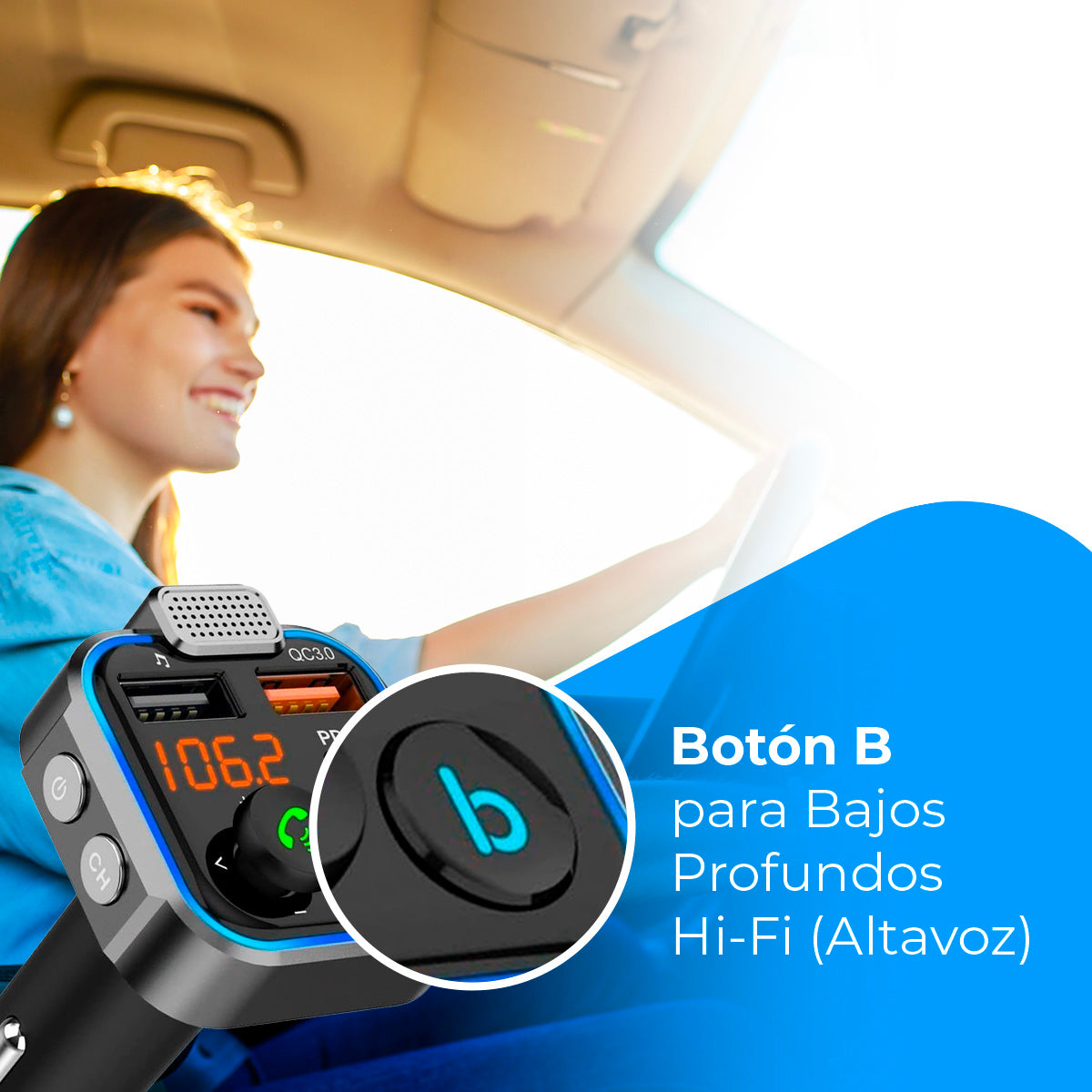 Bluetooth 5.0 FM Transmitter for Cars - 3 Charging Ports: x 2 USB QC3.0 + x1 PD 3.0 Type C 20W, Hands-Free Function, Noise Cancellation, Fast Charging, Button B: Hi-Fi Deep Bass (Speaker)