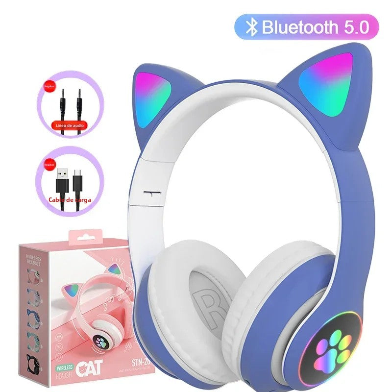 Casque Bluetooth 5.0 à oreilles de chat avec lumière flash, prise en charge de la carte TF et micro intégré, cadeau d'anniversaire pour enfants filles