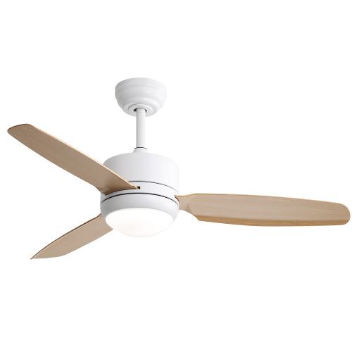 Ventilateur de plafond 117 cm blanc et bois clair avec lumière LED – Pales ABS, moteur DC silencieux, éclairage 3 couleurs dimmable, télécommande.