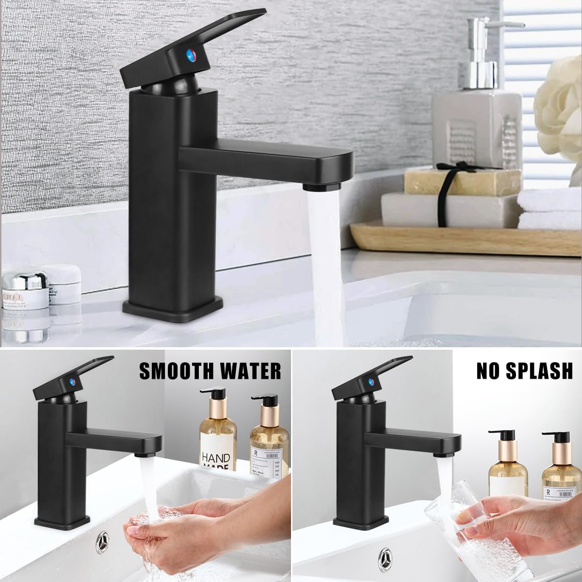 Single-Handle Faucets for Bathroom Sinks, Tall Black Waterfall Bathtub Faucet, Hot and Cold Water with Two Hoses