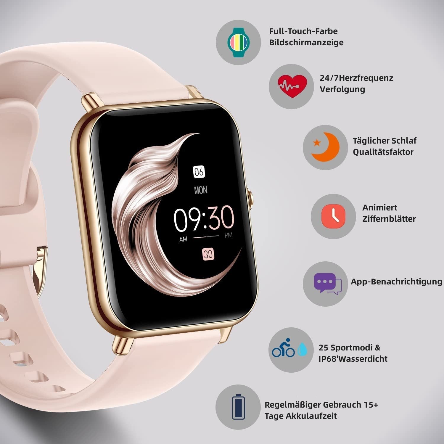 Montre connectée de fitness pour hommes et femmes – Écran tactile Full HD, étanche IP67, compatible Android et iOS