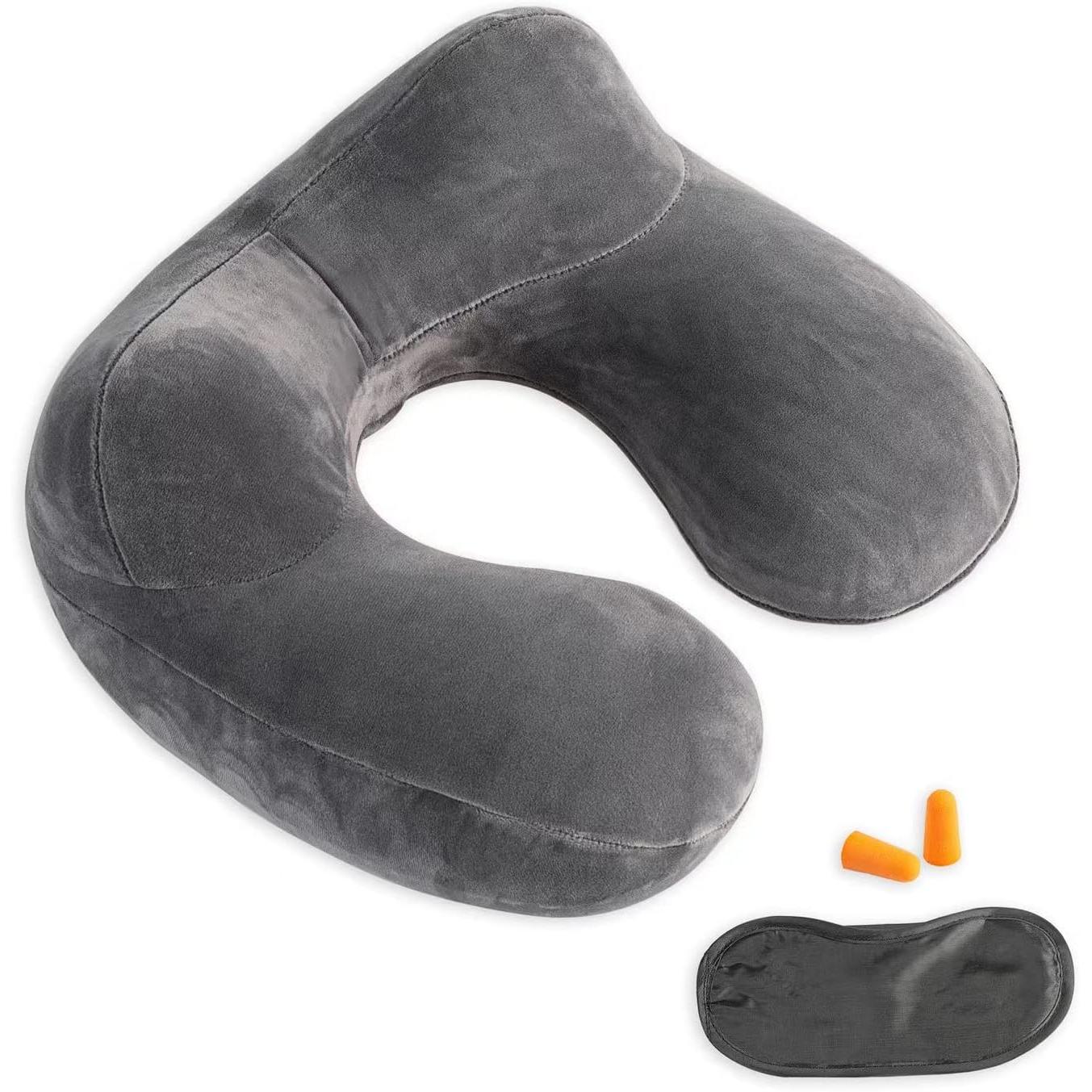 Oreiller de voyage gonflable - 100% velours avec maintien de la tête (GRIs)