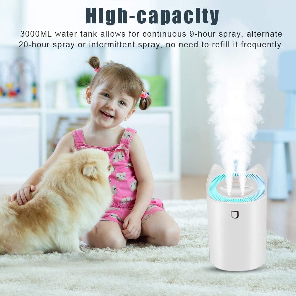 3L bedroom humidifier (up to 20 hours runtime), with color-changing night light for home and office, 3 mist modes, 2 nozzles