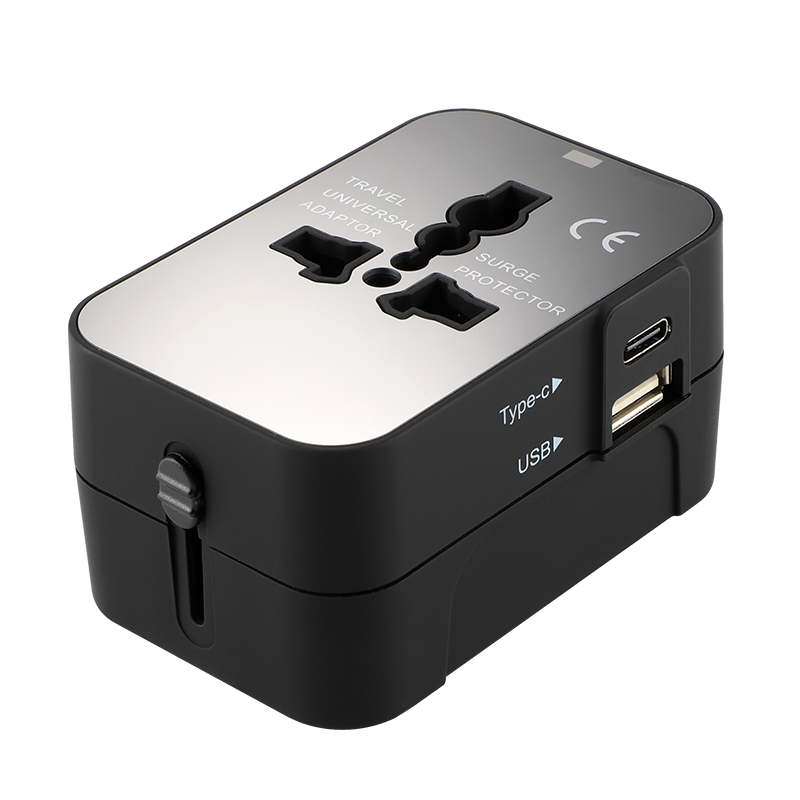 Rejseadapter, Alt-i-Én Universaladapter til Verdensomspændende Brug, AC-vægstik, Vægoplader med To USB-porte (1 USB-C) til USA, EU, Storbritannien, Australien – Kompatibel med Mobiltelefoner og Laptops.