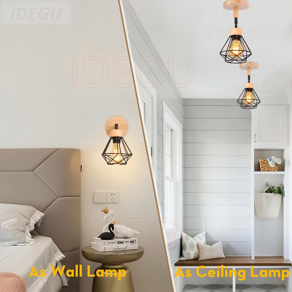 2PC Lámparas de Pared Vintage ¨C Aplique Interior de 15cm ¨C Diseño Industrial de Madera y Metal ¨C Estilo Jaula ¨C Luz Retro Ajustable