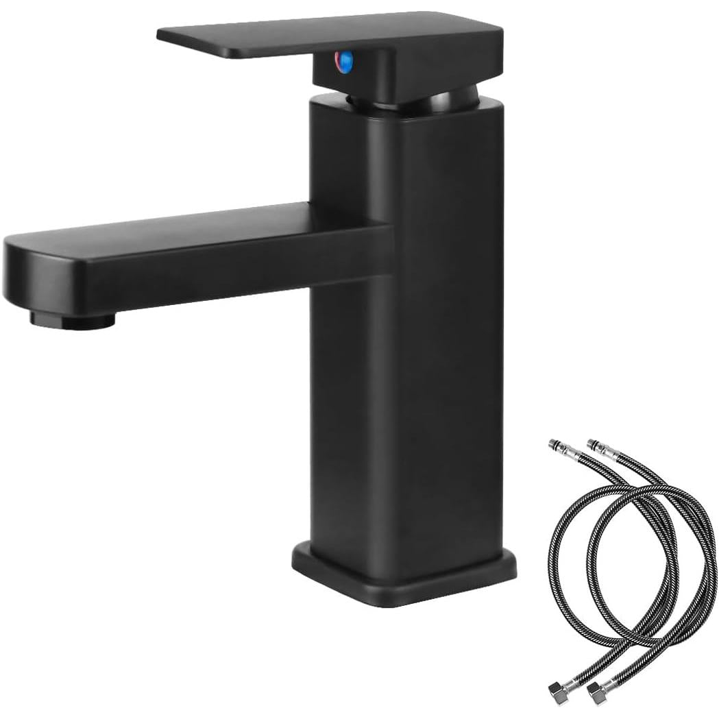 Single-Handle Faucets for Bathroom Sinks, Tall Black Waterfall Bathtub Faucet, Hot and Cold Water with Two Hoses