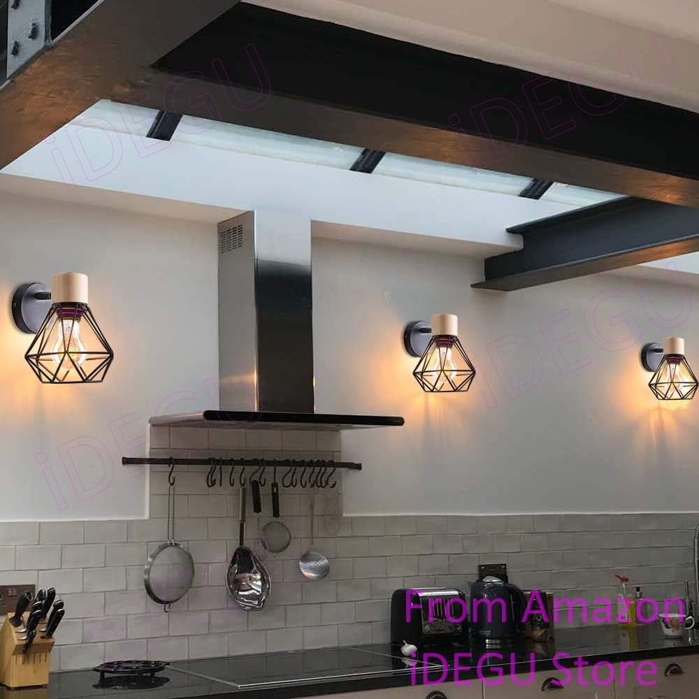 Vintage Wall Lamps ¨C 15cm Indoor Sconce ¨C Wood & Metal Industrial Design ¨C Cage Style ¨C Adjustable Retro Light