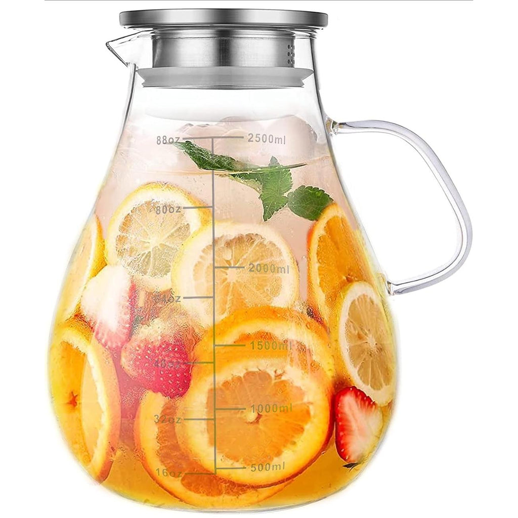 Glaskande med låg, 2,6 L (2500 ml) med præcise målstreger – Kande til varmt/koldt vand, juice og iste med låg